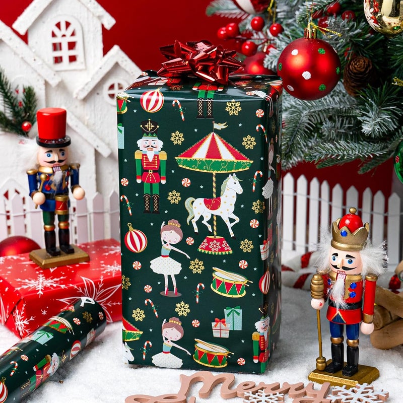 Retrify Christmas Wrapping Paper - Nutcracker Girl Ballet Snowflake Pattern Elegant Green Gift Wrap Paper for Holiday Shower Party Celebration - 17 Inch x 32.8 Feet Mini Roll - Image 3